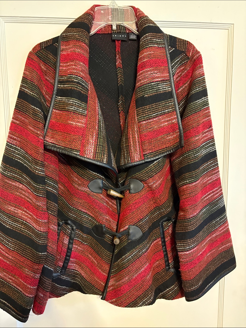 Tribal Red Multi-Stripe Toggle Pea Coat